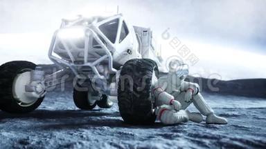 宇航员和漫游者一起在月球上。 现实的4k动画。