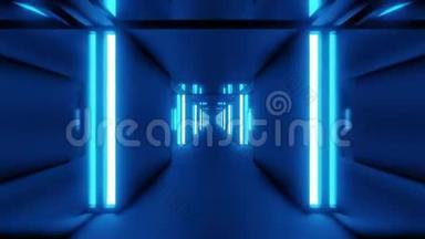 干净的蓝色隧道走廊与玻璃窗，三维插图运动背景，现场壁纸运动设计俱乐部视觉