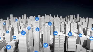 智能城市的各种传感器图标，连接互联网的THINGS技术。