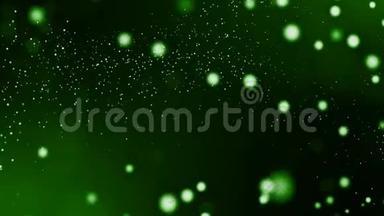 三维绿色背景与奇妙的发光粒子。 循环三维动画具有景深，光效.. 现代