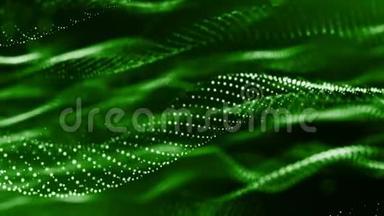 三维绿色背景与奇妙的发光粒子。 循环三维动<strong>画具</strong>有景深，光效.. 现代