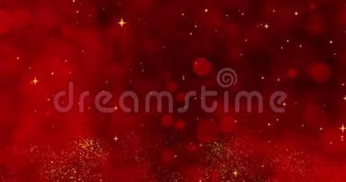 红色圣诞背景上的红色纸屑，雪花和bokeh灯..