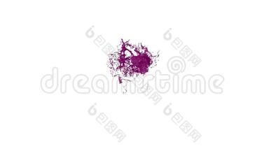 紫色油漆飞溅在空气中拍摄慢运动与阿尔法通道使用阿尔法面具卢玛哑光。 彩色液体<strong>飞舞</strong>