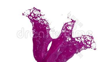 紫色油漆飞溅在空气中拍摄慢运动与阿尔法通道使用阿尔法面具卢玛哑光。 彩色液体飞舞