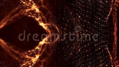 发光粒子形成科幻宇宙背景.. 循环三维动画。 金红色对称结构