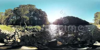 4K360VR虚拟现实<strong>河流</strong>在这片美丽的<strong>森林中</strong>的岩石上流动