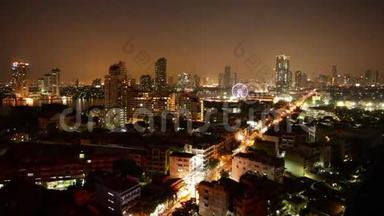 曼谷城市景观飞行酒店屋顶交通街道全景4k时间间隔泰国