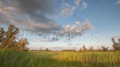 在<strong>唐山</strong>草原上一望无际的绿色草地上，云层的形成和移动