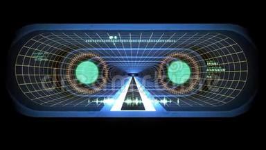 通过虚拟现实蓝色霓虹灯网绿灯网络隧道高清界面动画