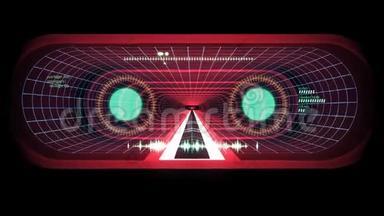 通过虚拟现实红色霓虹灯蓝格栅绿色灯光网络隧道HUD界面运动图形动画背景