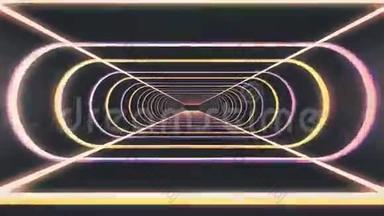 通过霓虹灯在外面飞行抽象的网络隧道运动图形动画背景新品质复古