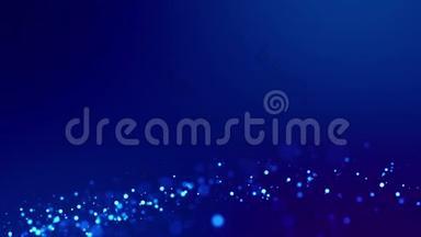 神奇的蓝色发光粒子流动在<strong>粘稠</strong>的液体和明亮的光泽。 科幻小说。 4k三维科幻背景