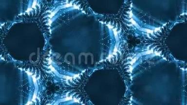 形成细胞的粒子的复杂蓝色组成。 三维循环平滑粒子动画与万花筒效果