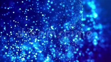 神奇的蓝色发光粒子流动在<strong>粘稠</strong>的液体和明亮的光泽。 科幻小说。 4k三维科幻背景