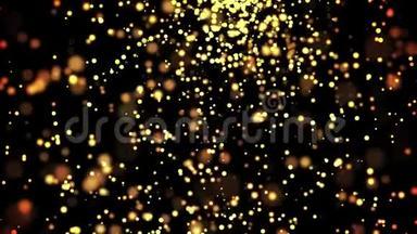 液体中的金粒子漂浮和闪烁。 背景有闪闪发光的金色粒子，景深和波克。 卢马