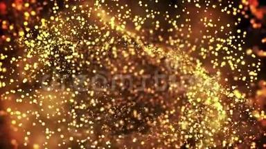 液体中的金<strong>粒子</strong>漂浮和闪烁。 背景有闪闪发光的<strong>金色粒子</strong>，景深和波克。 卢马