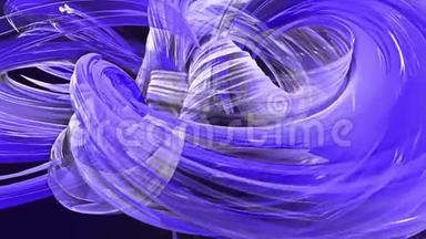 五颜六色的蓝色条纹扭曲成圆形，移动成一个圆圈。 无缝创意背景，循环三维平滑