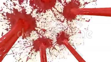 美丽的喷泉喷射液体像红色的油漆。 白色背景上的3D与阿尔法通道使用阿尔法掩码。 最上面的