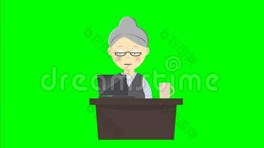 奶奶老太太在笔记本电脑上工作的<strong>动画</strong>，<strong>动画</strong>卡通<strong>人物</strong>，循环能力，色度键绿色屏幕背景