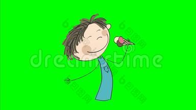 小男孩舔冰激凌动画，动画手绘卡通人物，循环能够，在色度键绿色屏幕背景