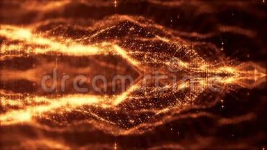 带有辉光粒子的循环科幻动画的三维渲染形成滚动结构。 像暗金数码一样的无缝镜头