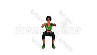 椿阴影三维动画的妇女在健身器材做空气蹲。