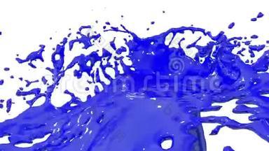 蓝色油漆喷泉3D白色背景与阿尔法通道使用阿尔法面具。 带涡旋液的喷泉顶部。 3D