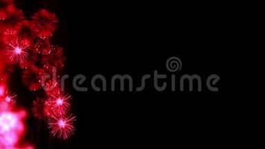 红色烟花作为新年、圣诞节或其他庆祝活动的节日背景。 烟花表演被隔离在黑色上