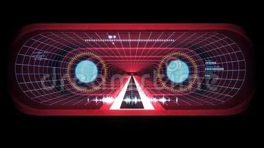 通过虚拟现实红色霓虹灯网络蓝灯网络隧道HUD界面运动图形动画背景