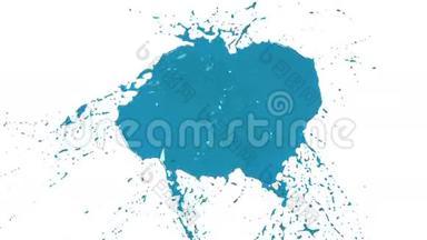 蓝色的水滴落下来，溅在白色上。 透明液体
