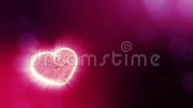 辉光粒子的循环三维动画形成三维红心，具有景深和波克。 用于情人节或婚礼