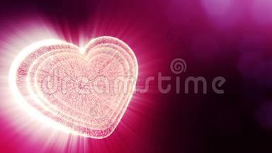 辉光粒子的循环三维动画形成三维红心，具有景深和波克。 用于情人节或婚礼
