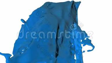 五颜六色的液体流。 油漆飞溅。 液体流入照相机. 蓝色蓝色