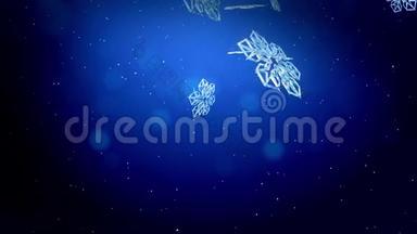 装饰的3d雪花在蓝色背景下在空中飞舞。 用作圣诞、新年贺卡或冬季动画