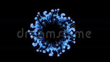 荧光蓝墨水或烟雾形成恒星，在黑色上缓慢地分离。 蓝色的水。 用于油墨背景、油墨