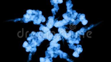 荧光蓝墨水或烟雾形成恒星，在黑色上缓慢地分离。 水中的蓝色。 用于油墨背景、油墨