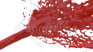 红色油漆喷泉3D白色背景与阿尔法通道使用阿尔法面具。 带涡旋液的喷泉顶部。 3D