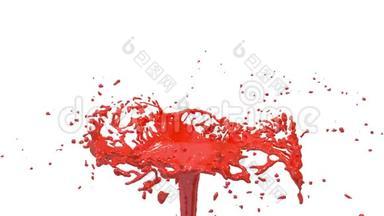 红色油漆喷泉3D白色<strong>背景</strong>与阿尔法通道使用阿尔法面具。 带涡旋液的喷泉顶部。 3D