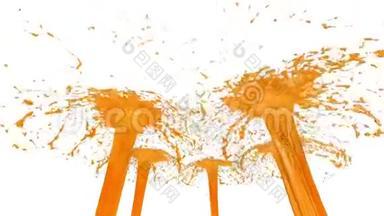 喷泉的橙色气流在空气中飞起，溅起许多飞溅。 慢吞吞的橙汁作为糖浆或甜柠檬水