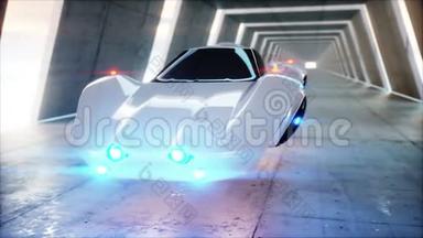 未来派<strong>飞车</strong>在科幻隧道，科里多。 未来的概念。 现实的4k动画。