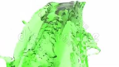 五颜六色的液体流。 油漆飞溅。 液体流入照相机. 绿色绿色