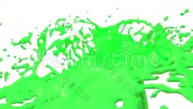 绿色油漆喷泉3D白色<strong>背景</strong>与阿尔法通道使用阿尔法面具。 带涡旋液的喷泉顶部。 3D