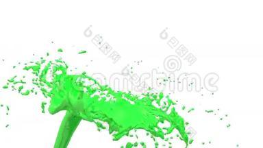 绿色油漆喷泉3D白色背景与阿尔法通道使用阿尔法面具。 带涡旋液的喷泉顶部。 3D