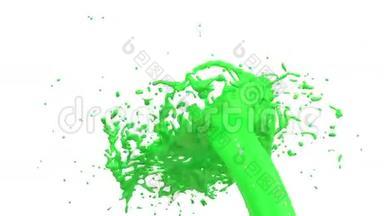 绿色油漆喷泉3D白色背景与阿尔法通道使用阿尔法面具。 带涡旋液的喷泉顶部。 3D