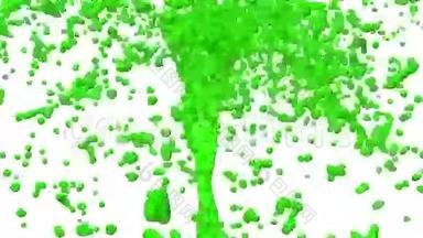 五颜六色的液体流。 油漆飞溅。 液体流入照相机. 绿色绿色