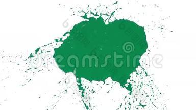 绿色的<strong>水滴落下</strong>来，溅在白色上。 透明液体