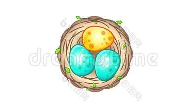 复活节快乐。 <strong>卡通动画</strong>。 带蛋的巢转变为明亮的复活节彩蛋