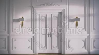 白色经典开门器设计.. 穿过经典的室内动画