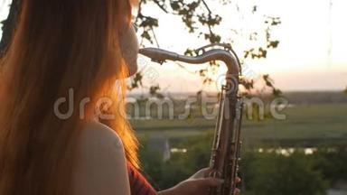 夕阳西下的剪影年轻漂亮的红发女孩在玩萨克斯管自然，一个女人吹进烟斗，概念爱好，音乐