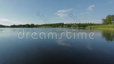 夏日美丽的湖景。 深蓝色的湖面，绿色的高大树木和蓝天白云。